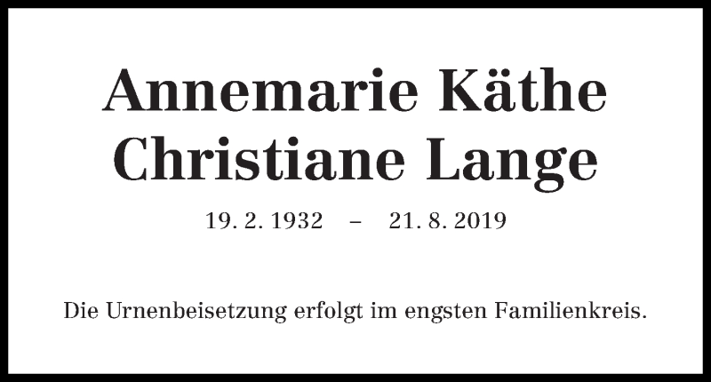 Traueranzeige von Annemarie Käthe Christiane Lange von WESER-KURIER
