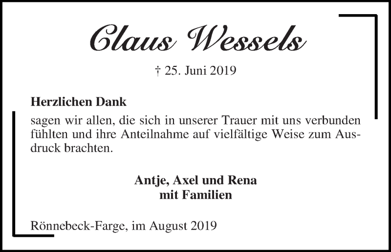 Traueranzeige von Claus Wessels von Die Norddeutsche
