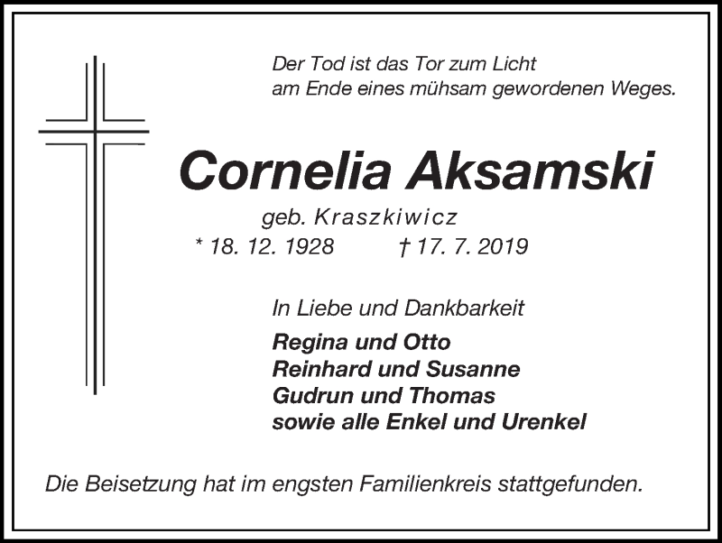 Traueranzeige von Cornelia Aksamski von Die Norddeutsche