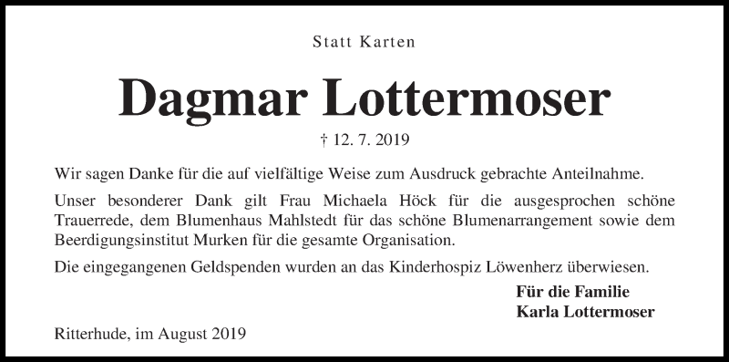 Traueranzeige von Dagmar Lottermoser von Osterholzer Kreisblatt