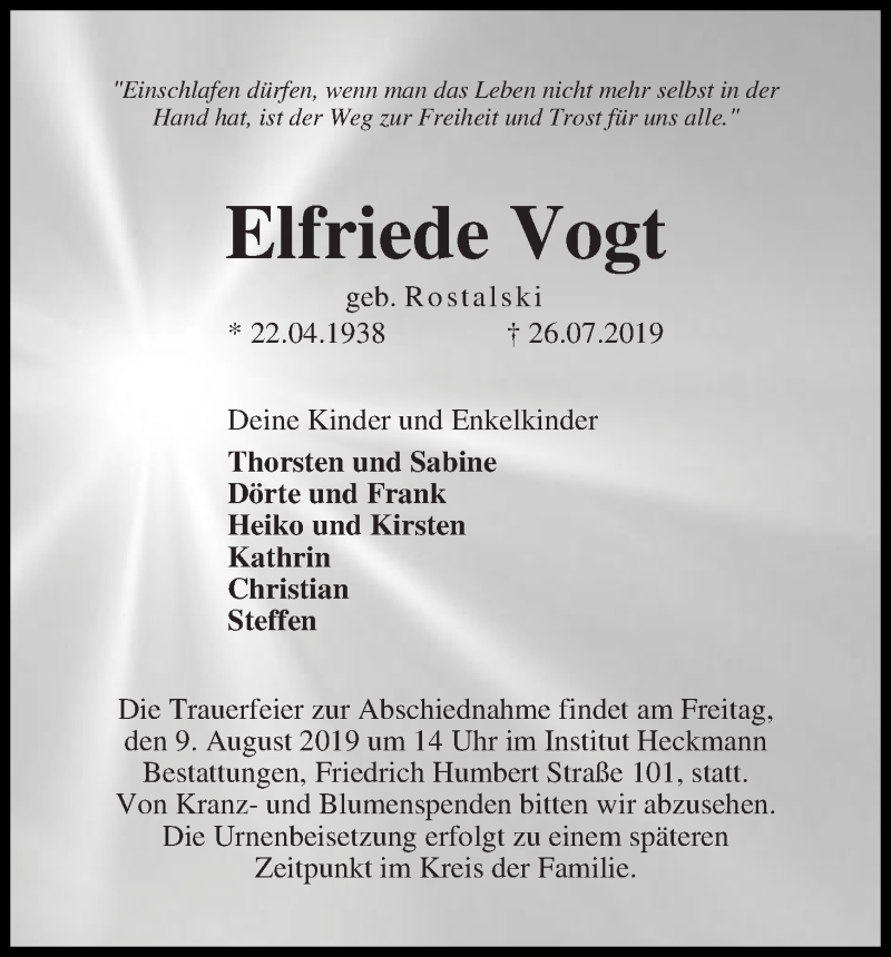 Traueranzeige von Elfriede Vogt von Die Norddeutsche