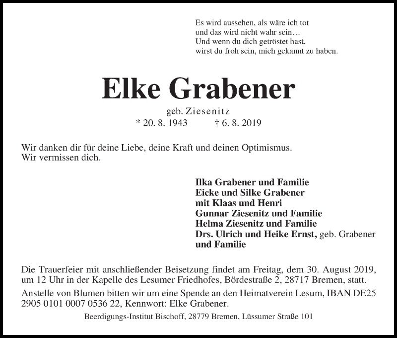 Traueranzeige von Elke Grabener von Die Norddeutsche