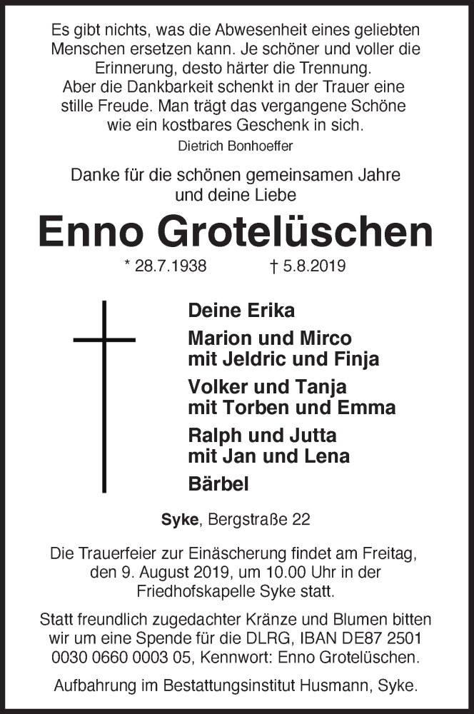 Traueranzeige von Enno Grotelüschen von WESER-KURIER