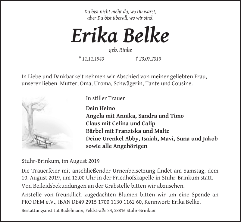 Traueranzeige von Erika Belke von Regionale Rundschau/Syker Kurier
