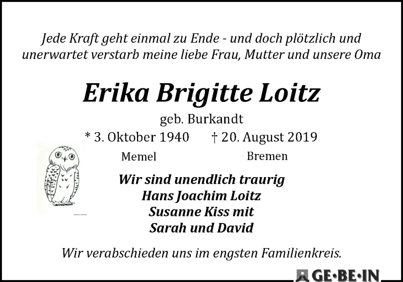 Traueranzeige von Erika Brigitte Loitz von WESER-KURIER