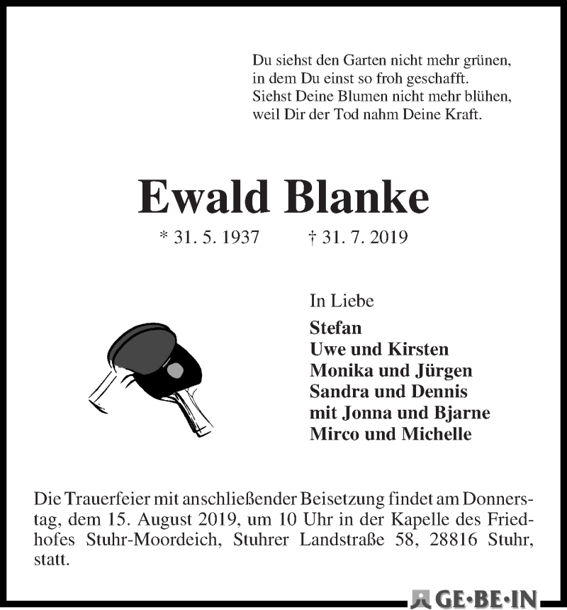 Traueranzeige von Ewald Blanke von WESER-KURIER