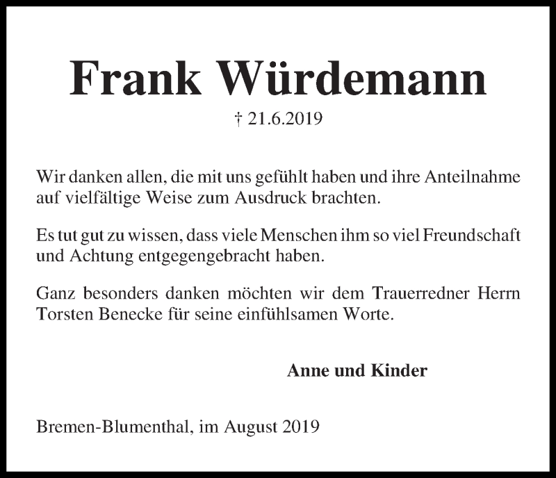 Traueranzeige von Frank Würdemann von Die Norddeutsche