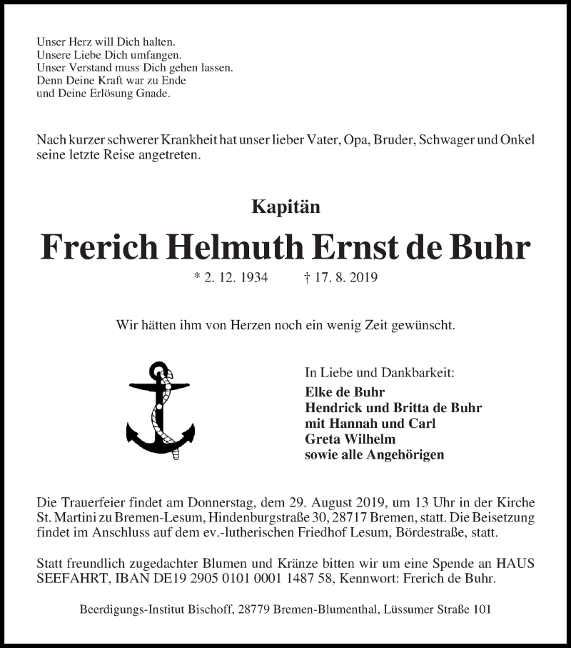 Traueranzeige von Frerich Helmuth Ernst de Buhr von Die Norddeutsche