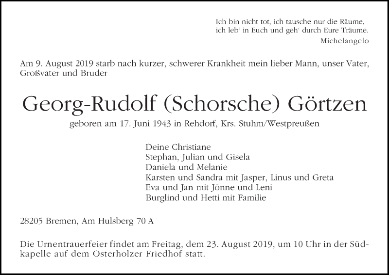 Traueranzeige von Georg-Rudolf (Schorsche) Görtzen von WESER-KURIER