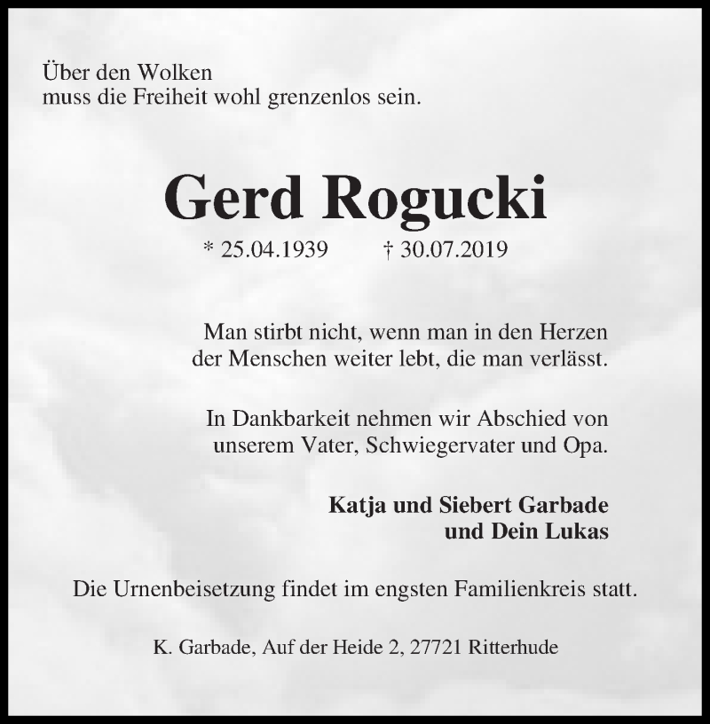 Traueranzeige von Gerd Rogucki von Die Norddeutsche
