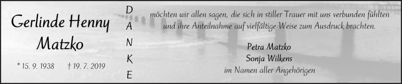 Traueranzeige von Gerlinde Henny Matzko von WESER-KURIER