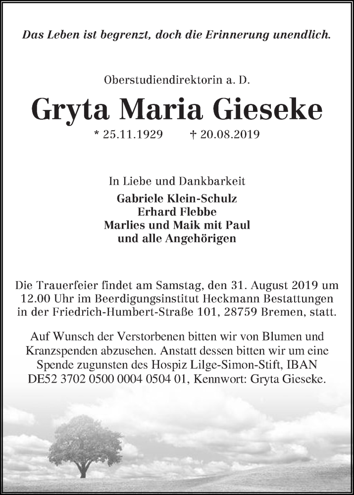 Traueranzeige von Gryta Maria Gieseke von WESER-KURIER