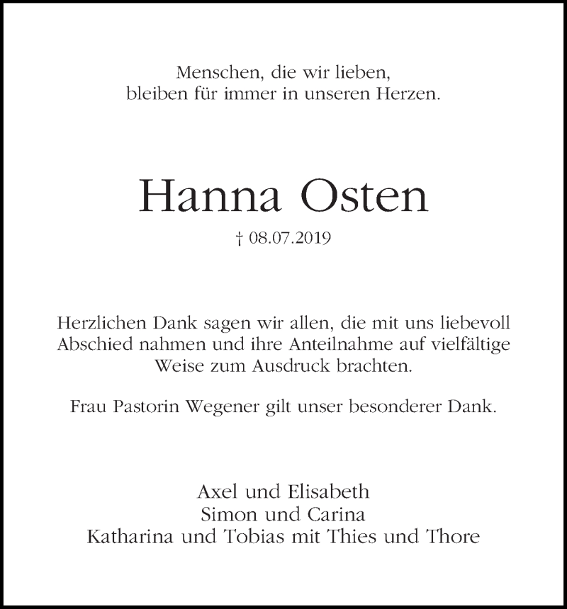 Traueranzeige von Hanna Osten von WESER-KURIER