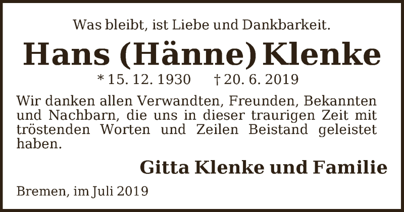 Traueranzeige von Hans (Hänne) Klenke von WESER-KURIER