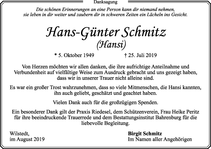 Traueranzeige von Hans-Günter Schmitz von Wuemme Zeitung