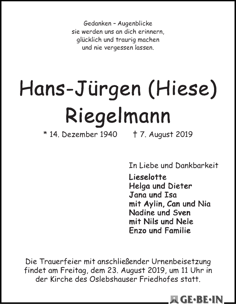 Traueranzeige von Hans-Jürgen (Hiese) Riegelmann von WESER-KURIER