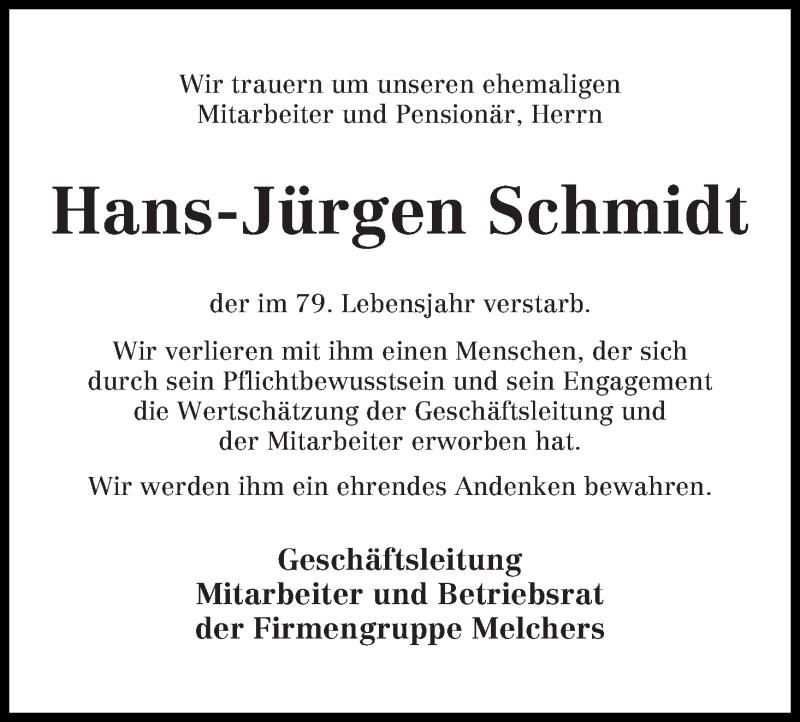 Traueranzeige von Hans-Jürgen Schmidt von WESER-KURIER