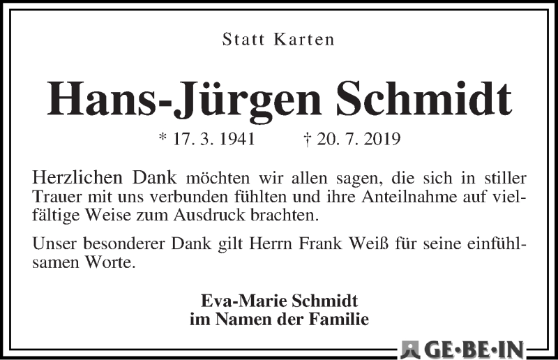 Traueranzeige von Hans-Jürgen Schmidt von WESER-KURIER