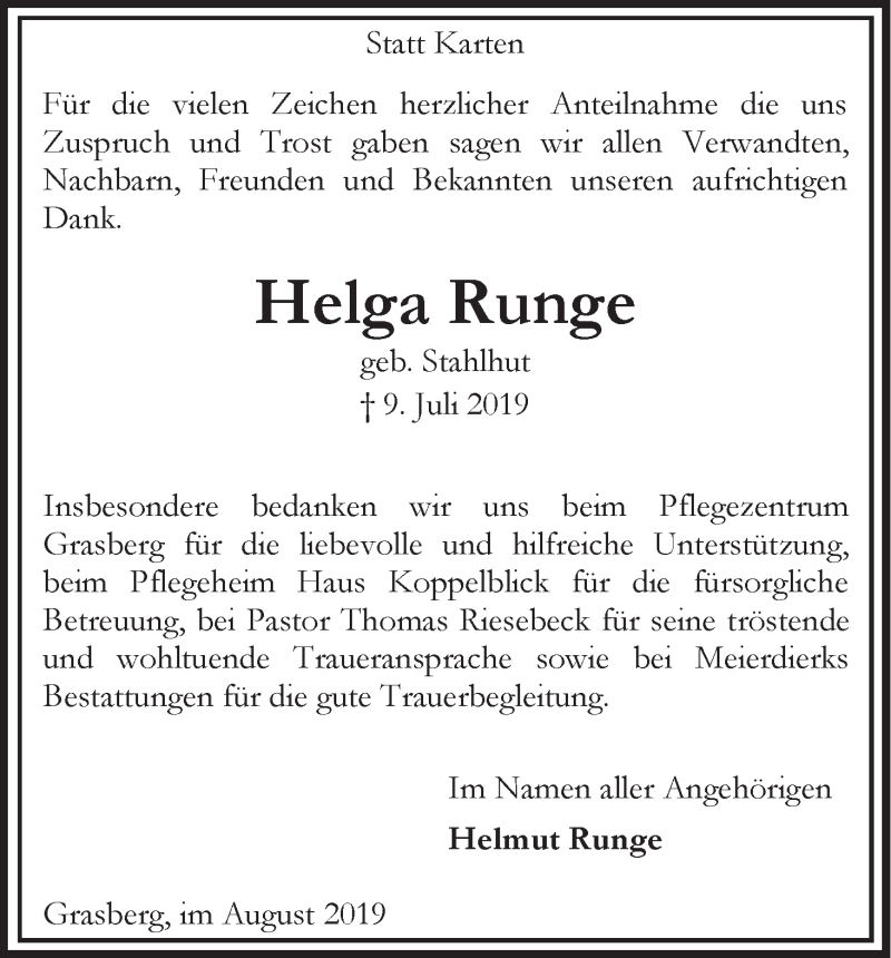 Traueranzeige von Helga Runge von Wuemme Zeitung