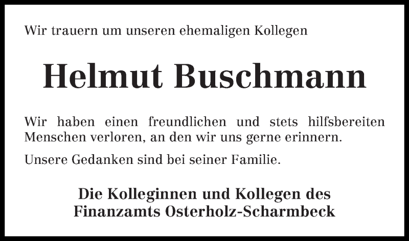 Traueranzeige von Helmut Buschmann von Osterholzer Kreisblatt