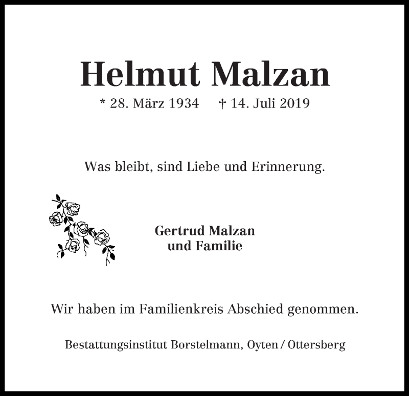 Traueranzeige von Helmut Malzan von WESER-KURIER