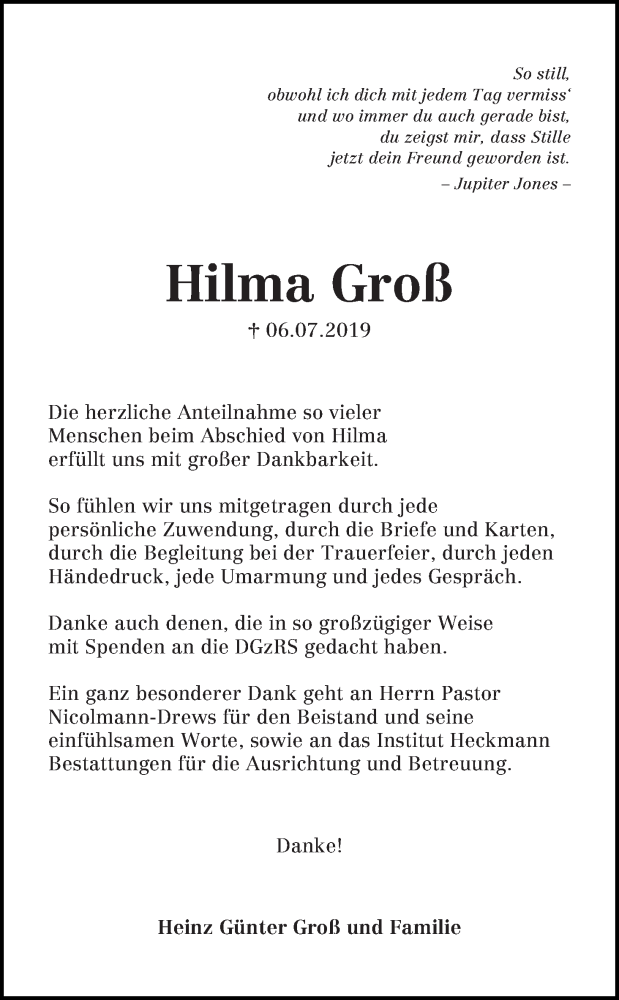 Traueranzeige von Hilma Groß? von WESER-KURIER