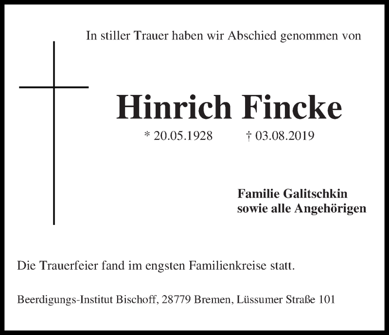 Traueranzeige von Hinrich Fincke von Die Norddeutsche