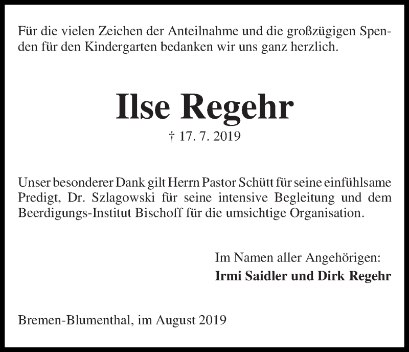 Traueranzeige von Ilse Regehr von Die Norddeutsche
