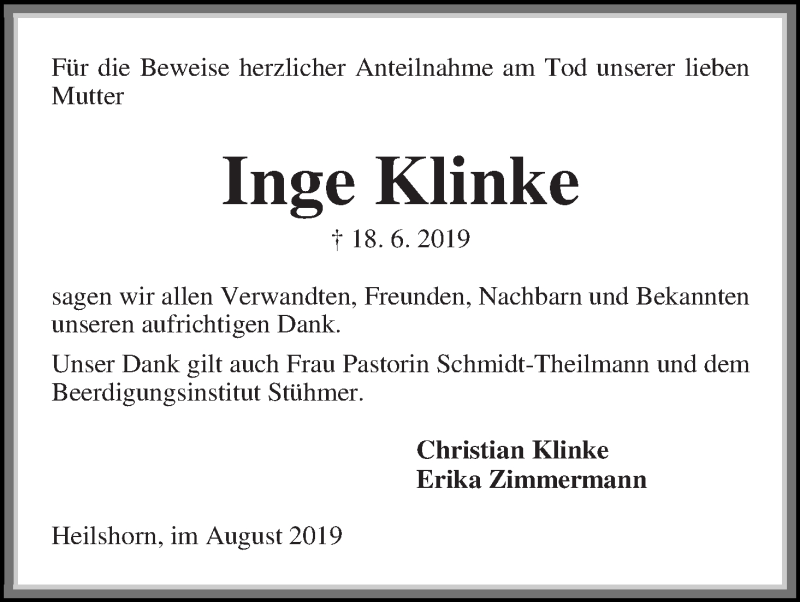 Traueranzeige von Inge Klinke von Die Norddeutsche