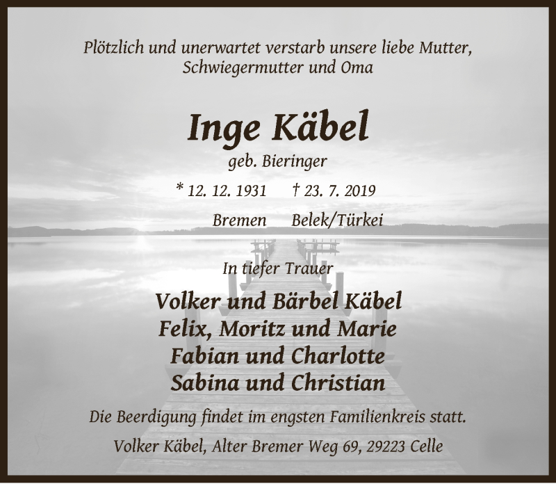 Traueranzeige von Inge Käbel von WESER-KURIER