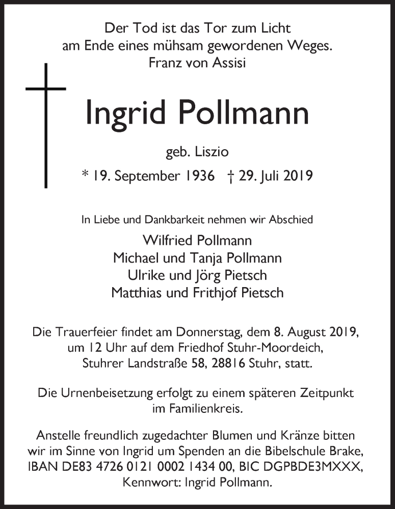 Traueranzeige von Ingrid Pollmann von WESER-KURIER
