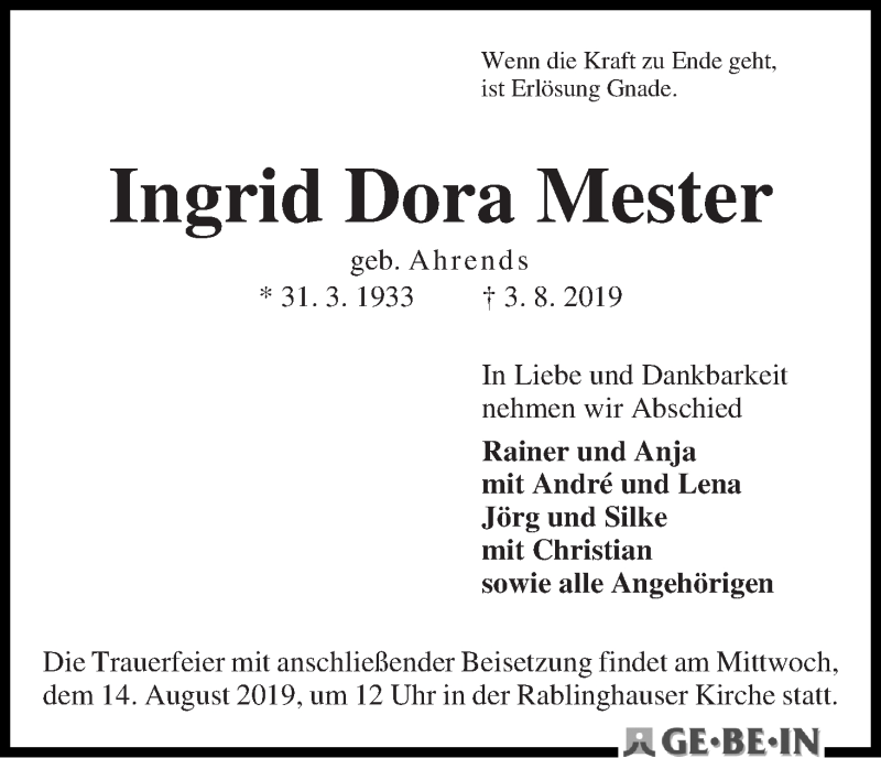 Traueranzeige von Ingrid Dora Mester von WESER-KURIER