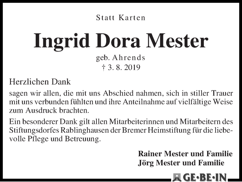 Traueranzeige von Ingrid Dora Mester von WESER-KURIER