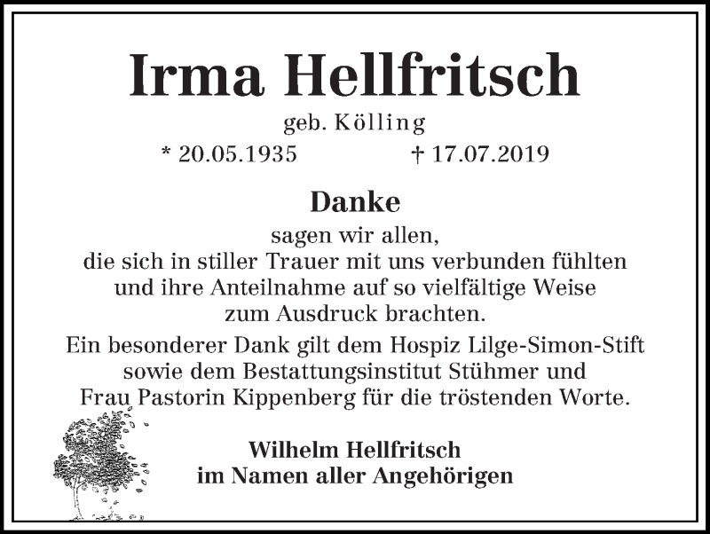 Traueranzeige von Irma Hellfritsch von WESER-KURIER