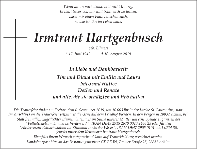 Traueranzeige von Irmtraut Hartgenbusch von WESER-KURIER