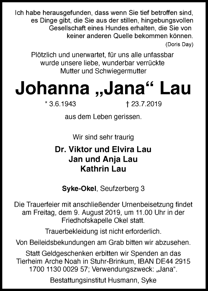 Traueranzeige von Johanna Lau von Regionale Rundschau/Syker Kurier