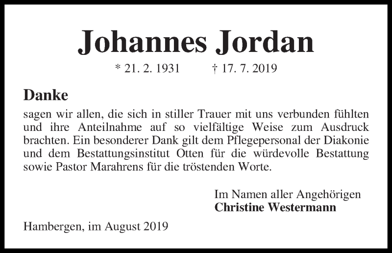 Traueranzeige von Johannes Jordan von Osterholzer Kreisblatt
