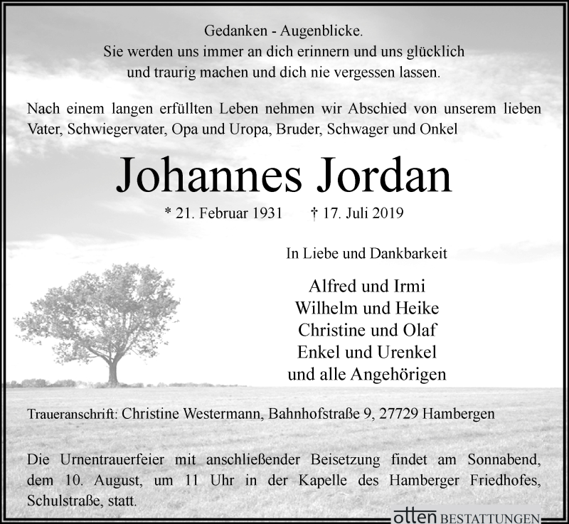 Traueranzeige von Johannes Jordan von Osterholzer Kreisblatt