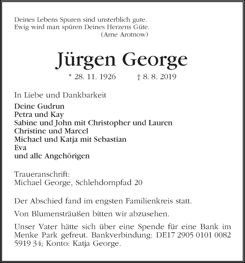 Traueranzeige von Jürgen George von WESER-KURIER