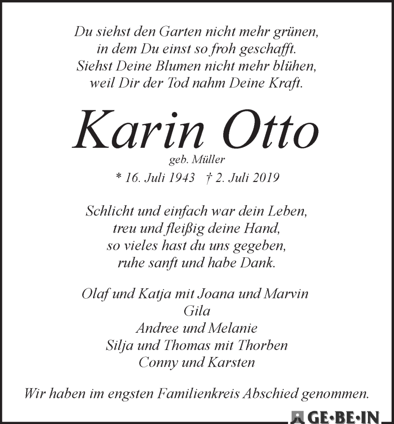 Traueranzeige von Karin Otto von WESER-KURIER