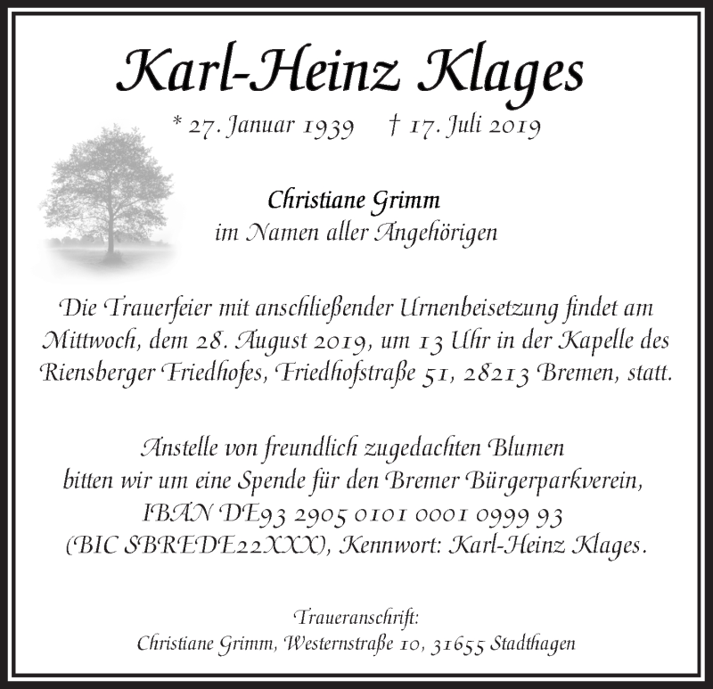 Traueranzeige von Karl-Heinz Klages von WESER-KURIER