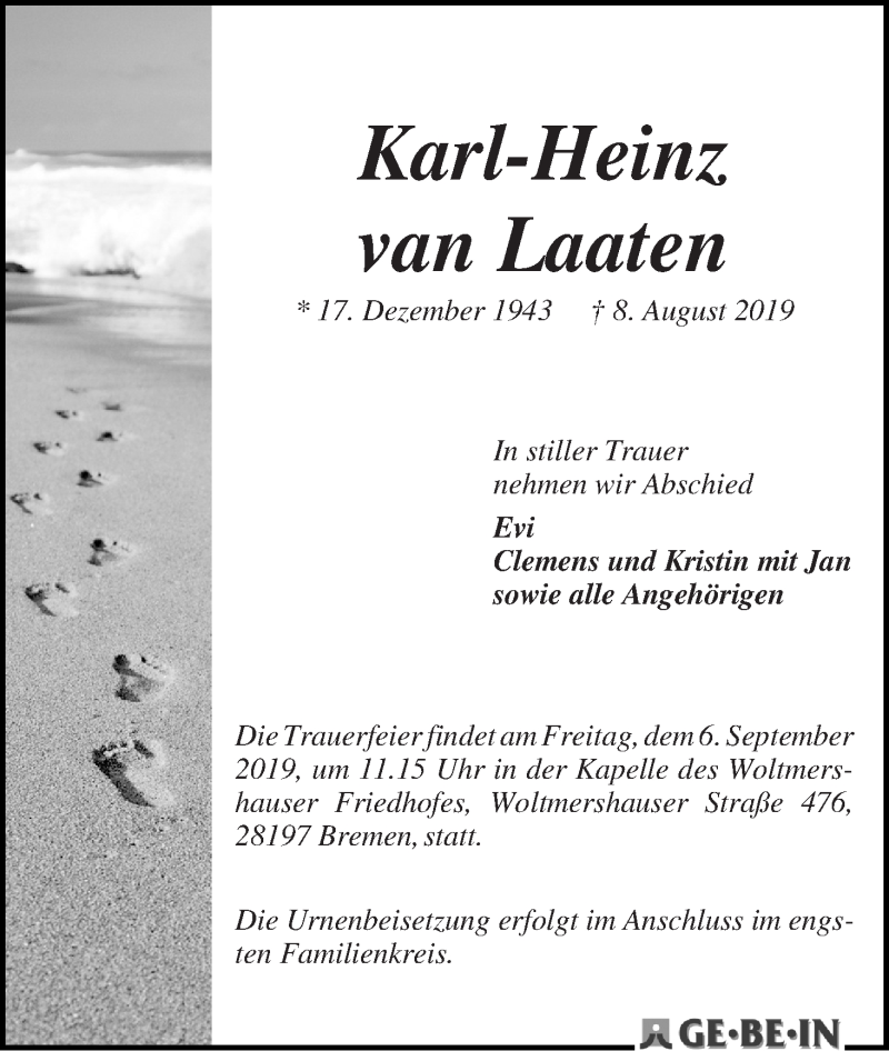 Traueranzeige von Karl-Heinz van Laaten von WESER-KURIER