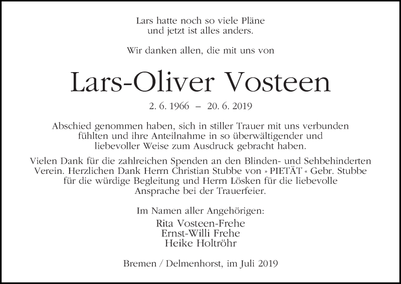 Traueranzeige von Lars-Oliver Vosteen von WESER-KURIER