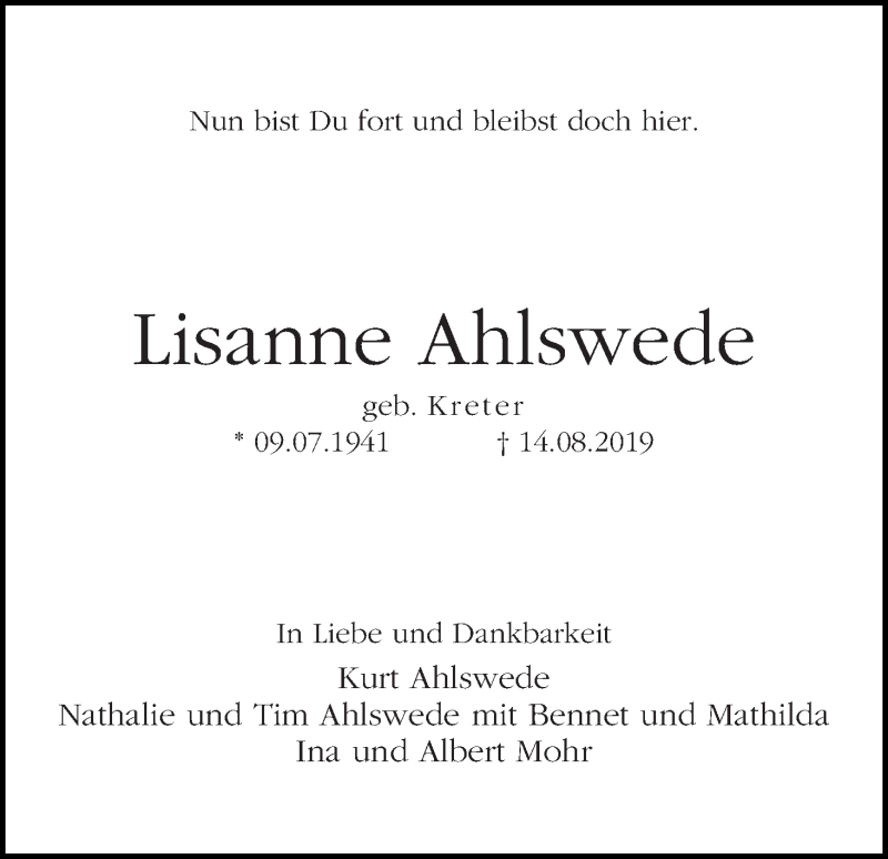 Traueranzeige von Lisanne Ahlswede von WESER-KURIER