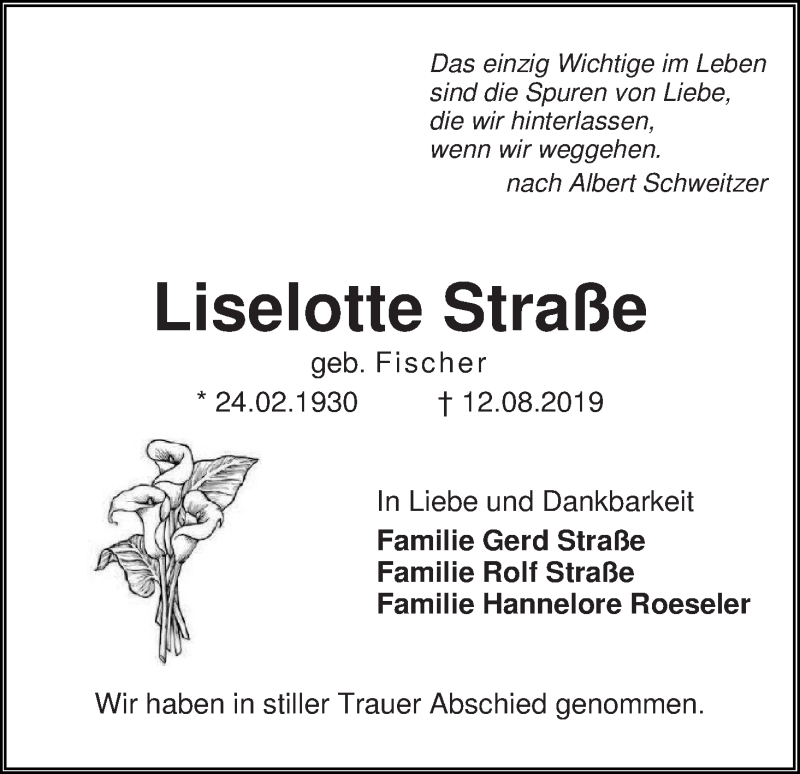 Traueranzeige von Liselotte Straße von Die Norddeutsche