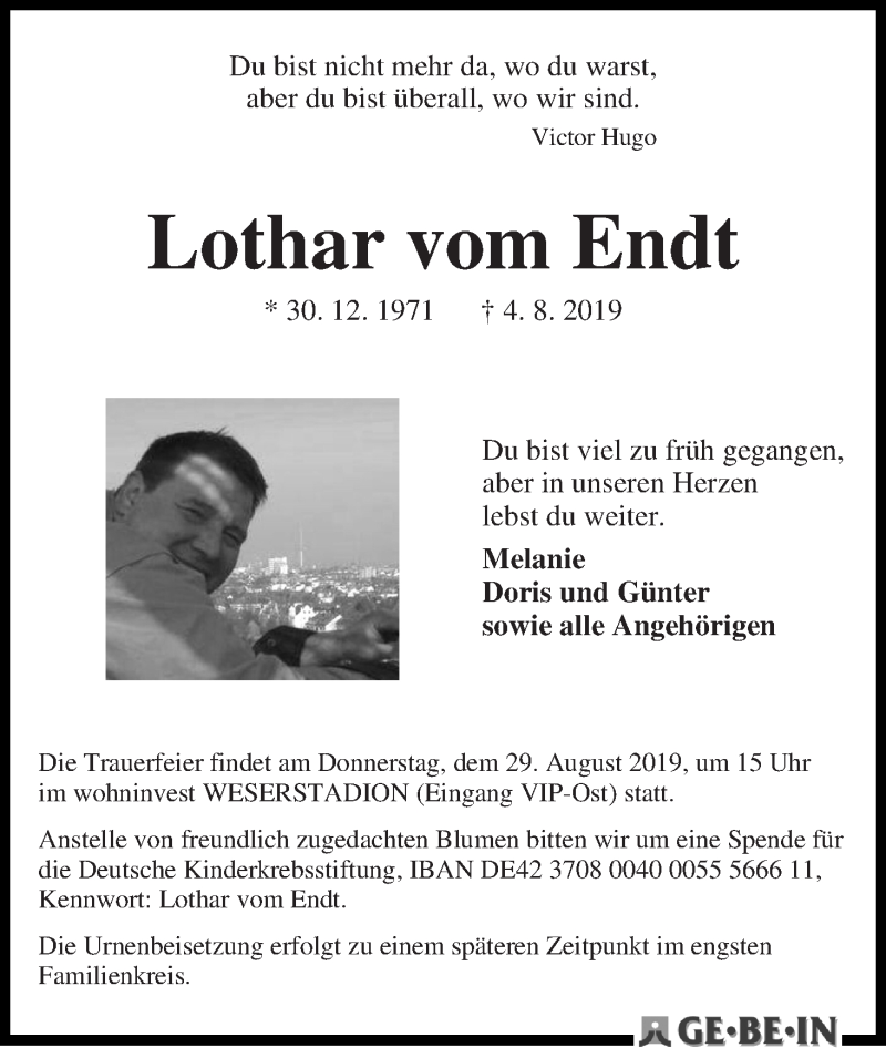 Traueranzeige von Lothar vom Endt von WESER-KURIER