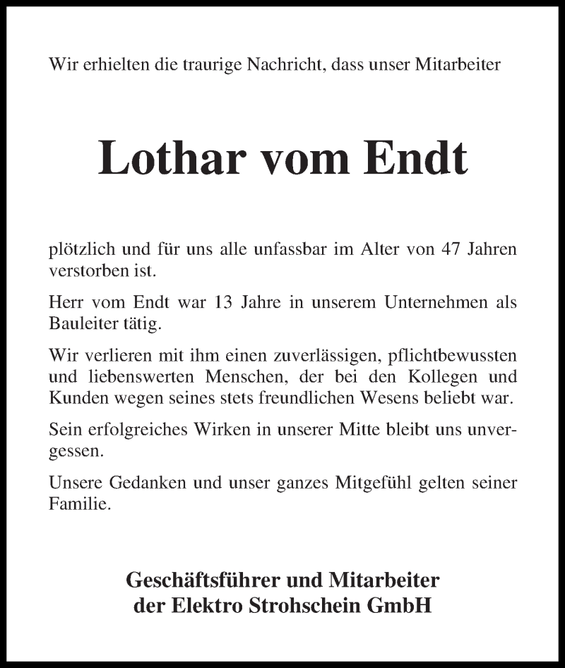 Traueranzeige von Lothar vom Endt von WESER-KURIER