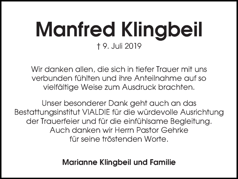 Traueranzeige von Manfred Klingbeil von Wuemme Zeitung