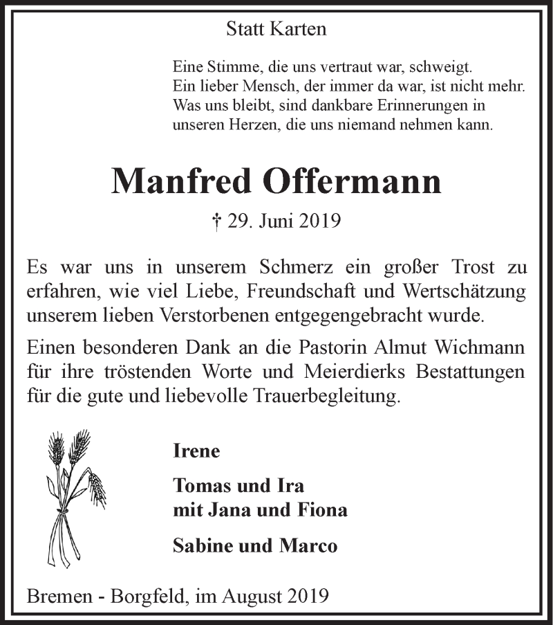 Traueranzeige von Manfred Offermann von WESER-KURIER
