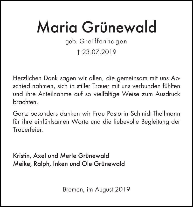 Traueranzeige von Maria Grünewald von WESER-KURIER